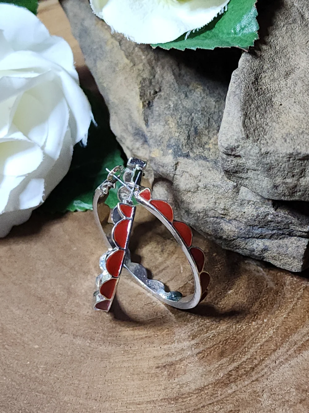 Red Enamel Hoop Scalloped Edge Earrings - Women Jewelry